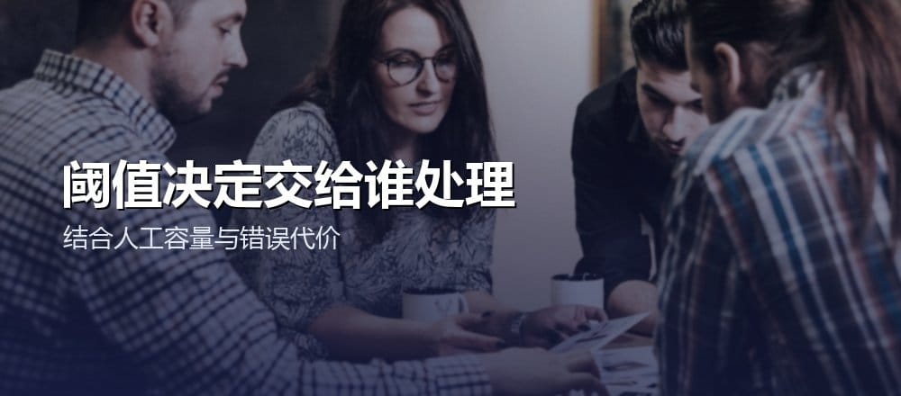 团队共同查看工作内容的配图,说明分类阈值需要结合人工复核能力